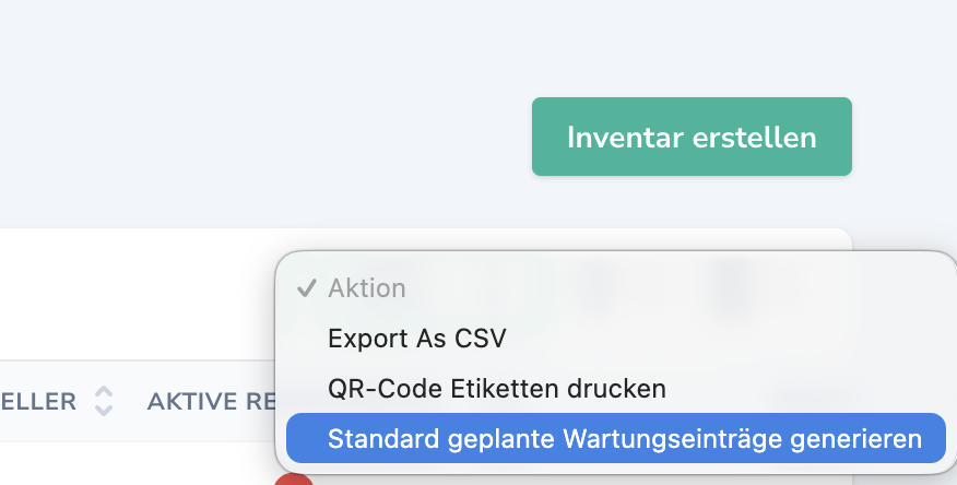 Aufruf Wartungseinträge erstellen
