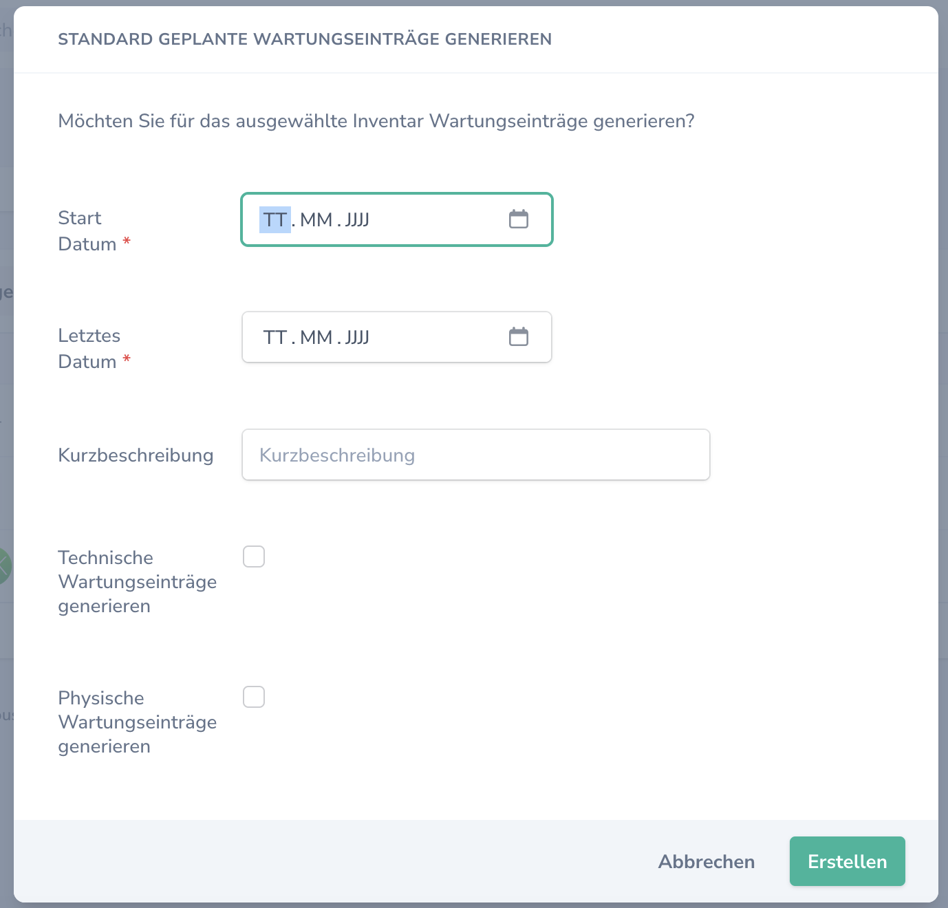 Dialog Wartungseinträge erstellen