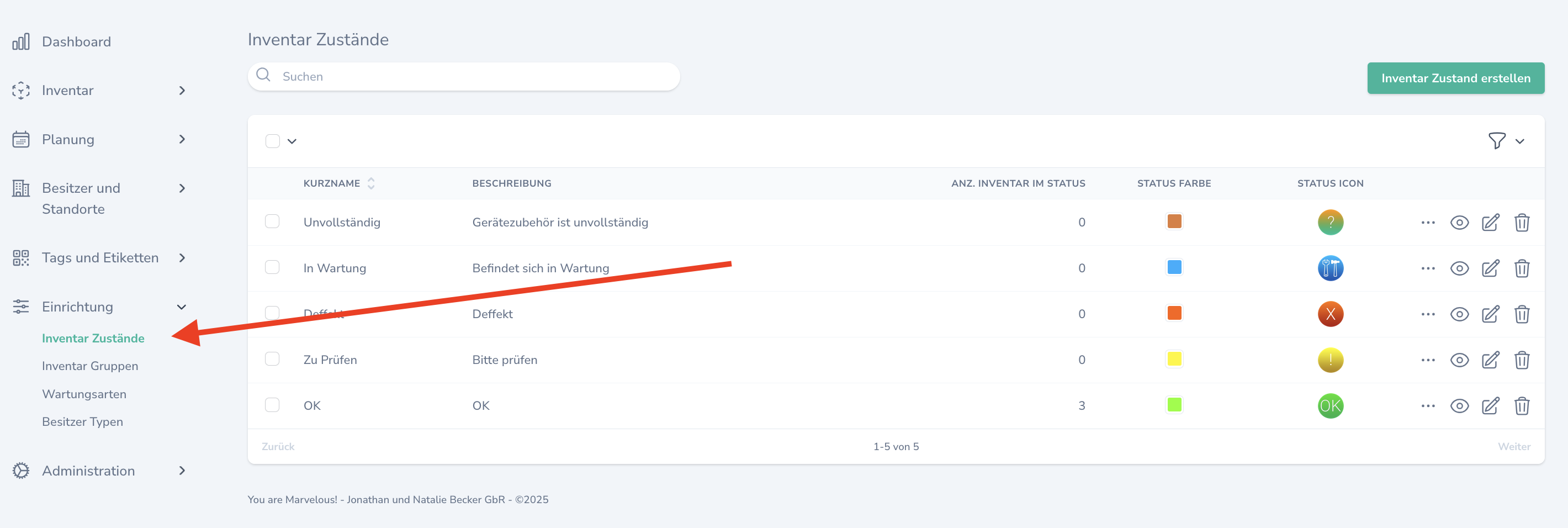 Inventarzustände Liste