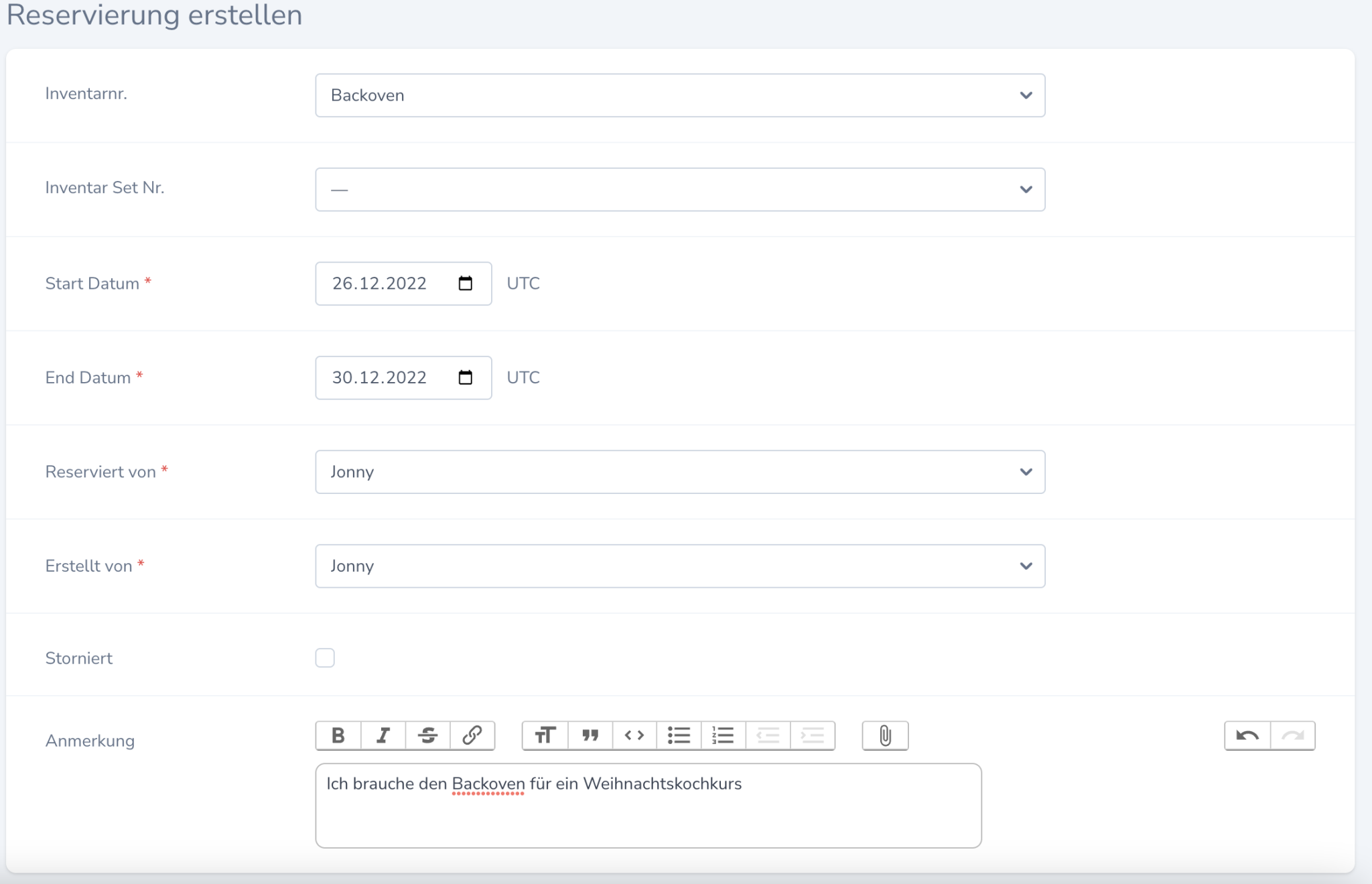 Reservierung erstellen