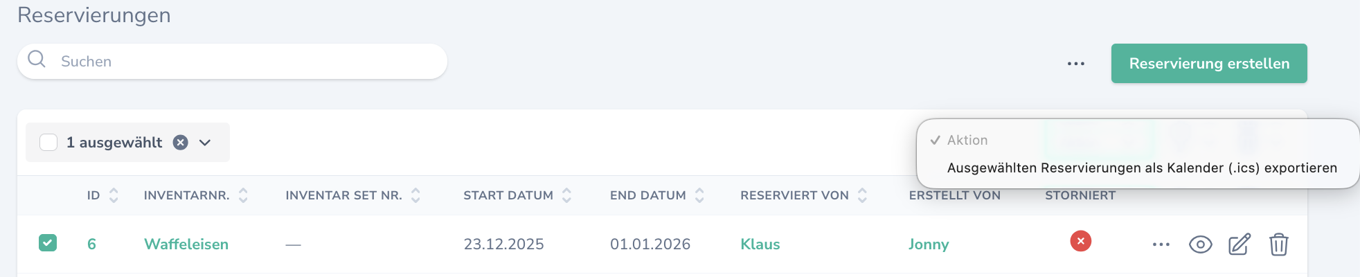 Reservierung ics Export einzeln