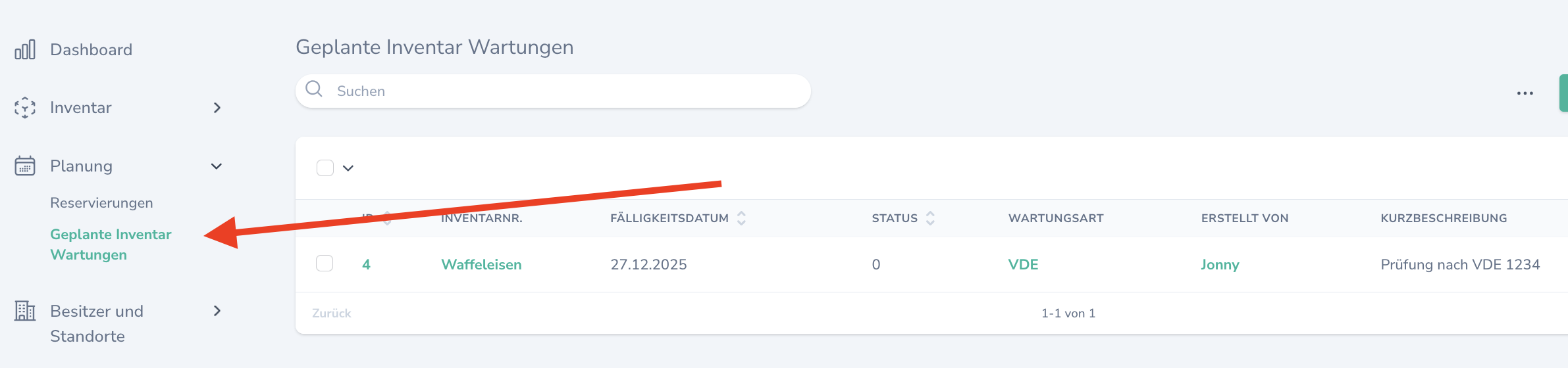 eplante Inventar Wartungen Liste