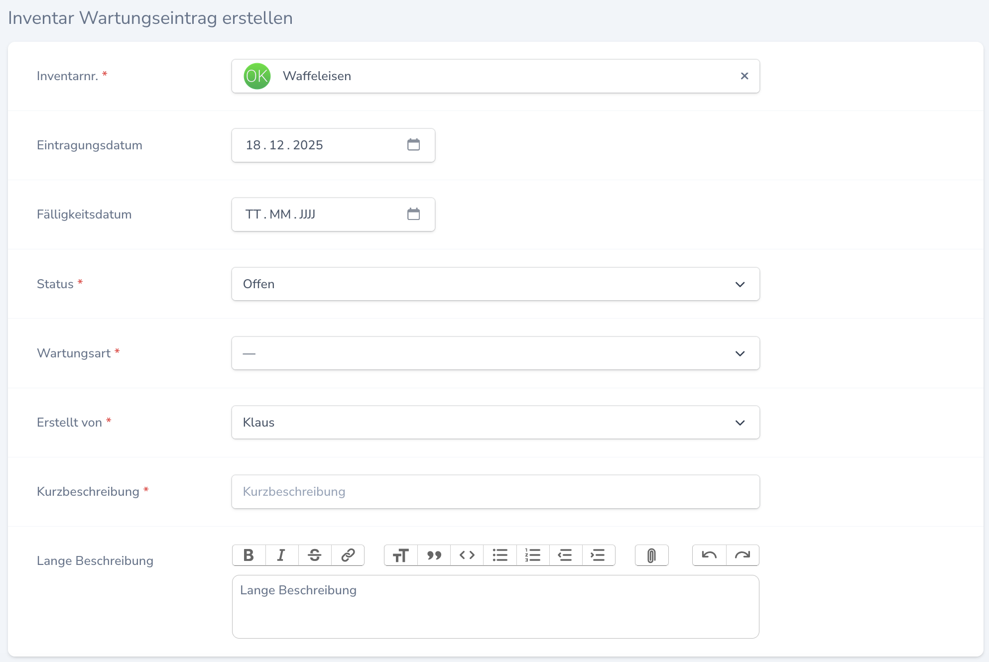 Wartungseintrag erstellen