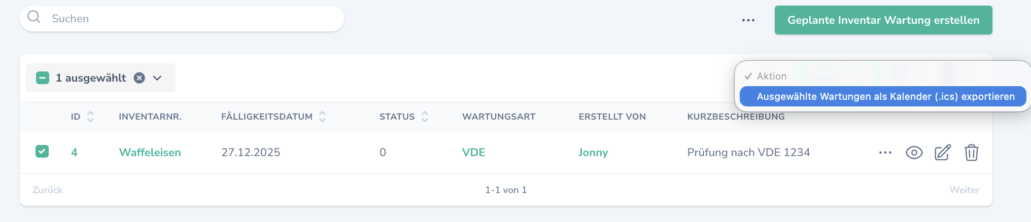 Wartungseinträge ics Export einzeln